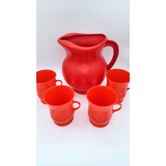 Vintage 80's Kool-Aid Smiling Man Red 2Qt Pitcher w Four Cups - Picture 1 of 4
